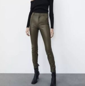 NWT ZARA WOMEN FAUX LEATHER PANTS DARK KHAKI